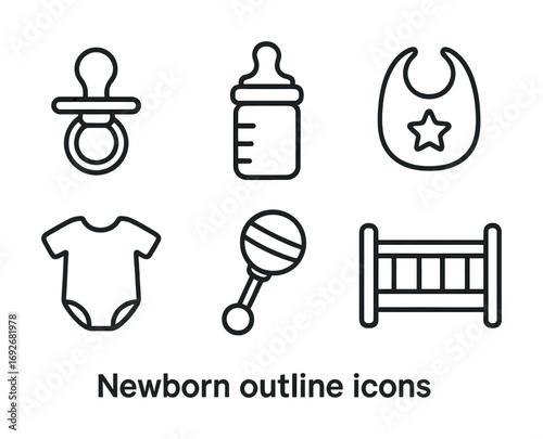 Set of newborn essentials: pacifier, bottle, bib, onesie, rattle, crib outline icons