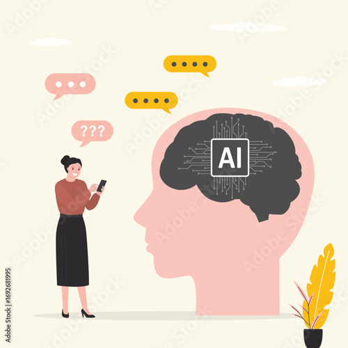 AI chip, machine learning, analysis information. Questions and answers, communication with digital brain, neural network. Chatbot. Artificial intelligence concept.