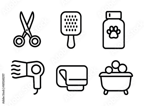 Pet grooming tools icon set featuring scissors, brush, shampoo, hairdryer, towel, bathtub