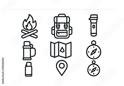 Camping essentials icons: backpack, campfire, compass, flashlight, map, thermos