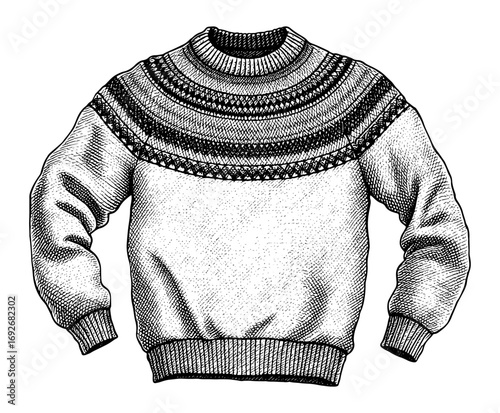 Fair Isle sweater in a detailed vintage engraving style, in black and white
