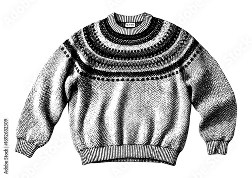 Fair Isle sweater in a vintage illustration style, in black and white