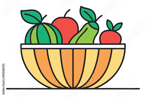 Colorful cartoon bowl filled with assorted fruits and vegetables food healthy