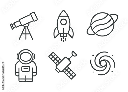Space exploration icons: telescope, rocket, planet, astronaut, satellite, galaxy