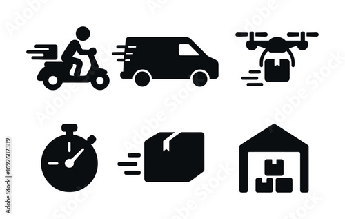 Delivery icons set: scooter, van, drone, stopwatch, package, warehouse
