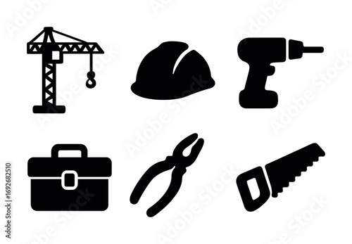 Construction tools and equipment icons: crane, hard hat, drill, toolbox, pliers, saw
