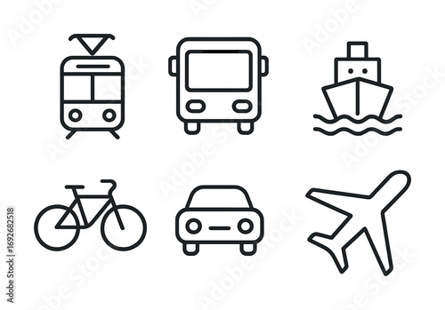 Set of minimalist transportation icons: train, bus, ship, bicycle, car, airplane