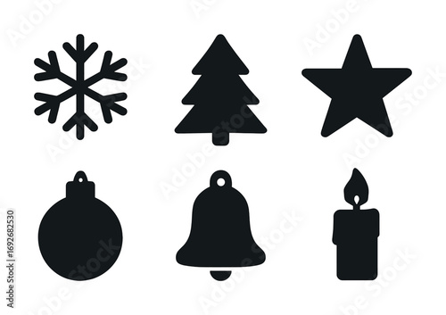 Winter holiday icons: snowflake, tree, star, ornament, bell, candle silhouettes