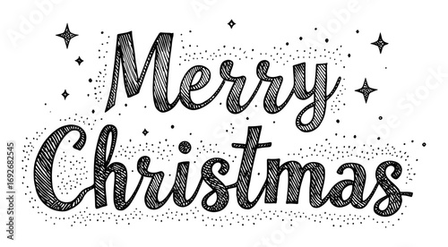 Hand-drawn Merry Christmas lettering in a textured cursive script, black and white