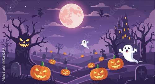 Spooky Halloween night with a dark pumpkin, bats, and a scary tree silhouette