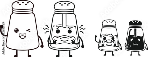 Cute salt and pepper shakers cartoon vector illustration set