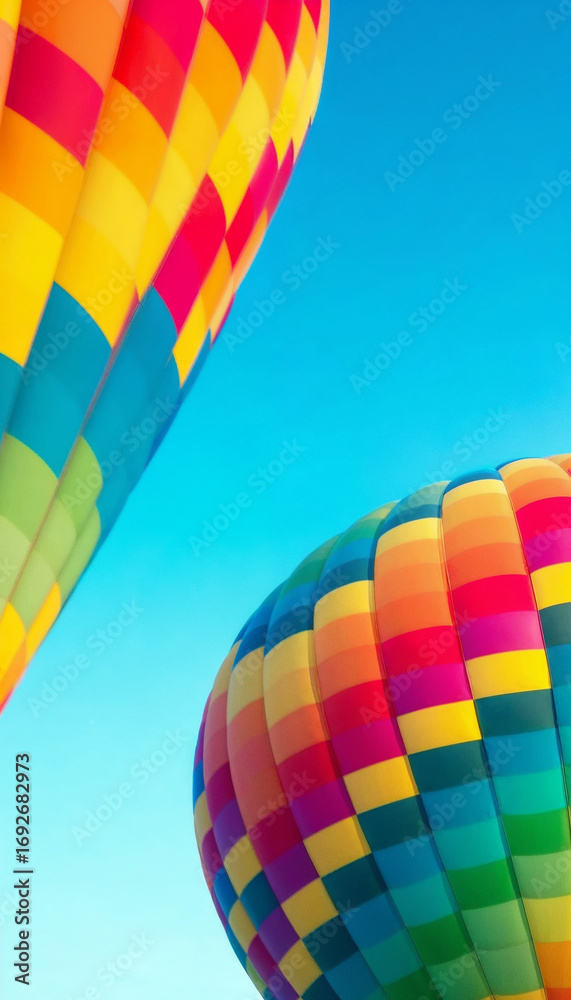 Obraz premium Colorful checkered hot air balloon ready for flight against blue sky