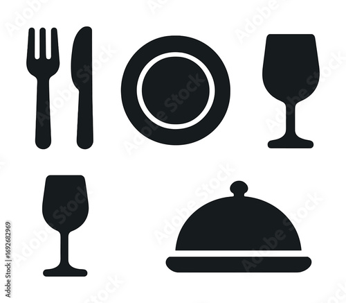 Silhouette icons of dining utensils and dinnerware including fork, knife, plate, wine glasses, and serving dome