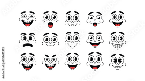 Vintage Cartoon Face Expressions Set: Retro Animation Style with Happy, Angry, Sad, Surprised, and Mischievous Faces in a Vector Design