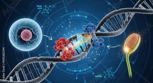 Advanced biotechnology concept showing genetic engineering with a DNA double helix being modified, linking human cellular biology and plant science