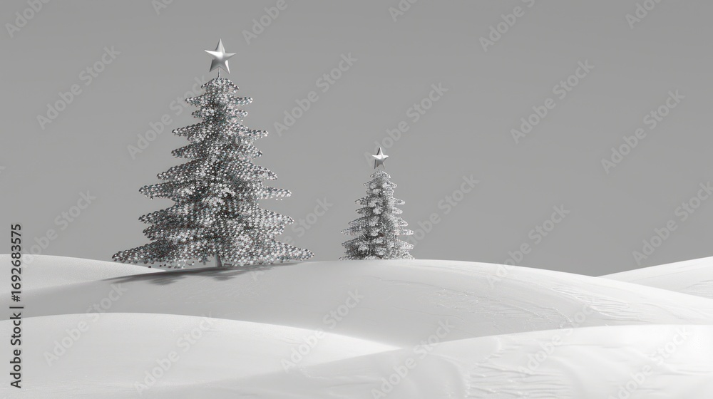 Fototapeta premium Silver Christmas Trees on Snowy Landscape in Gray Sky Winter Scene