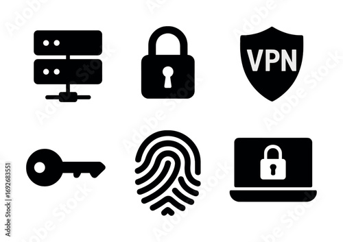 Digital security icons: server, lock, vpn, key, fingerprint, laptop lock