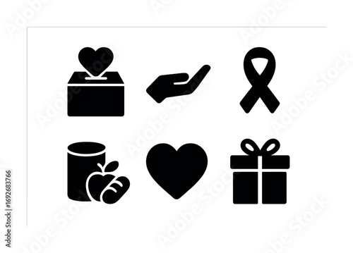 Charity icons: donation box, helping hand, awareness ribbon, food can, heart, gift box