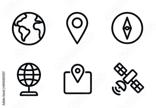 Geography and navigation icons: globe, map pin, compass, satellite