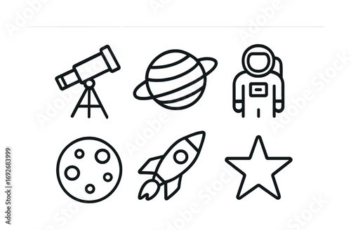 Space exploration icons: telescope, planet, astronaut, moon, rocket, star