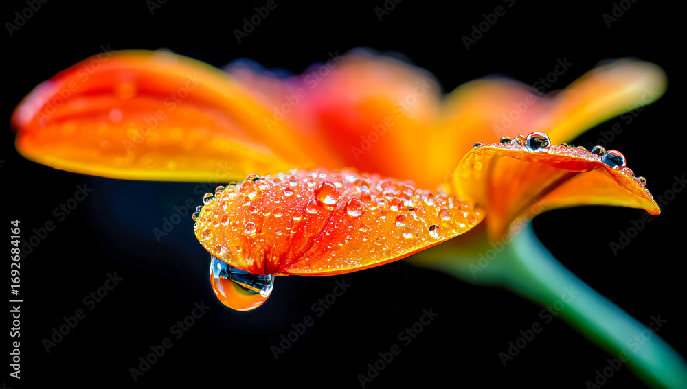 Obraz premium Macro orange flower petal with many water droplets on black back
