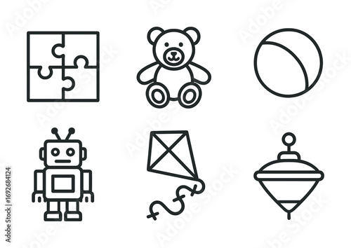 Puzzle, teddy bear, ball, robot, kite, top icon collection for kids' toys