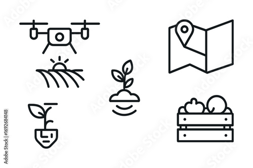 Smart agriculture icons: drone, gps map, seedling, produce box