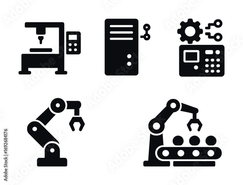Industrial automation icons: cnc machine, server, control panel, robotic arms