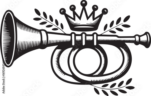 Vintage trumpet with crown and laurel wreath illustration