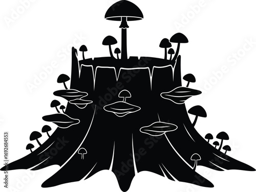 Black and white mushroom illustration on a tree stump vector