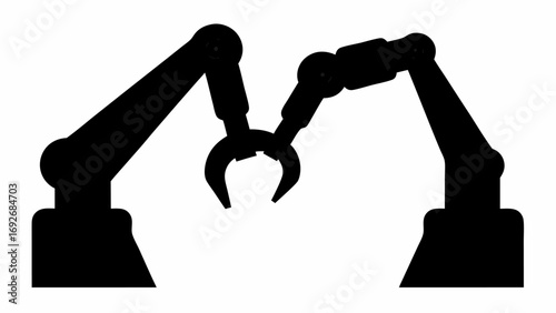 Two industrial robot arms with grippers facing each other in a black silhouette against white background