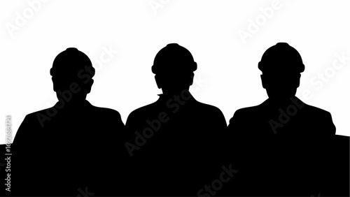 Silhouette of three construction workers wearing hard hats standing side by side against a white background