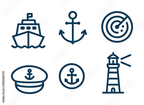 Nautical icon set featuring ship, anchor, radar, captain's hat, and lighthouse