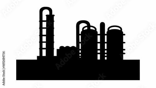 Silhouette of an industrial plant featuring tall towers and storage tanks against a white background scene view