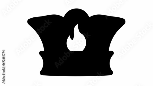 Illustration of a black altar like structure with a white flame in the center on a white background