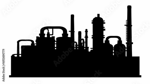 Silhouette of a large industrial complex with pipes tanks and chimneys against a white background view from afar