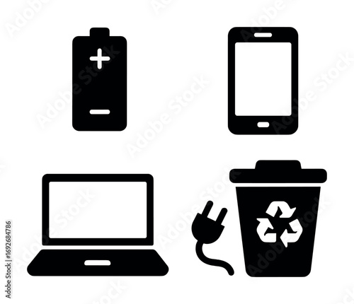 Electronic device icons: battery, smartphone, laptop, recycling symbol, plug