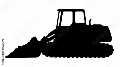 Silhouette of a bulldozer with a large front loader and visible tracks on a white background image view