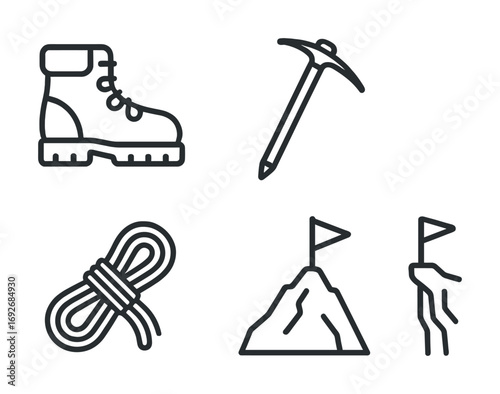 Line art icons of hiking boot, ice axe, climbing rope, mountain, and peak with flag