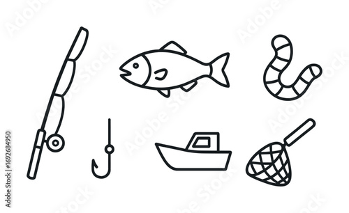 Fishing gear and marine life icons: fishing rod, fish, worm, hook, boat, net - black and white outline