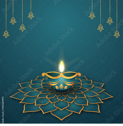 Diwali greeting card with a glowing Diya on a lotus. Elegant Indian festival of lights celebration background.