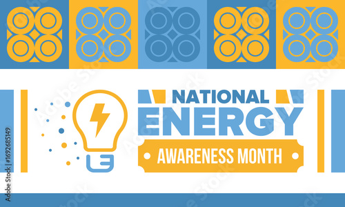 National Energy Awareness Month in October. Optimization and management of energy consumption. The introduction of advanced technology, encourage the use of renewable energy. Energy security. Vector