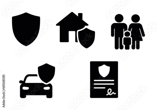 Black insurance icons for home, family, car, and document security