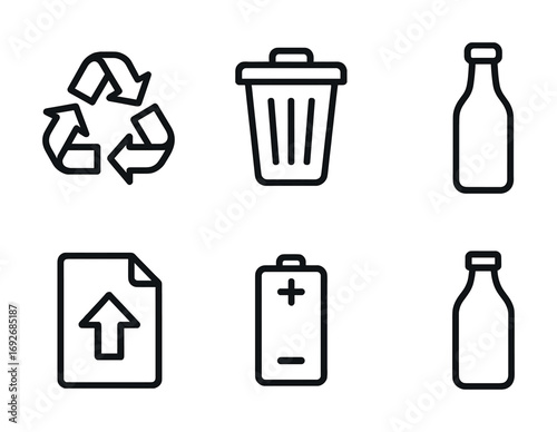 Minimalist recycling and waste icons set: bin, bottle, battery, paper