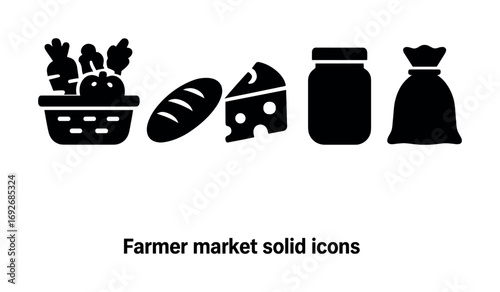 Farmer market icons: basket, bread, cheese, jar, sack - black silhouette style