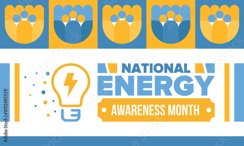 National Energy Awareness Month in October. Optimization and management of energy consumption. The introduction of advanced technology, encourage the use of renewable energy. Energy security. Vector