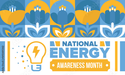 National Energy Awareness Month in October. Optimization and management of energy consumption. The introduction of advanced technology, encourage the use of renewable energy. Energy security. Vector