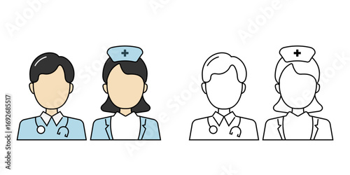 Doctor and nurse icons set, medical staff and healthcare professionals symbols vector illustration for hospital, clinic, education, and pharmaceutical projects vector illustration.