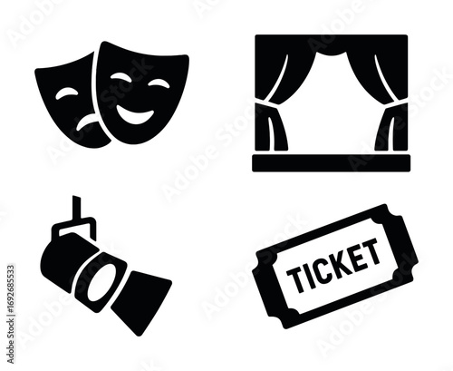 Theater icons: masks, curtain, spotlight, ticket in black silhouettes