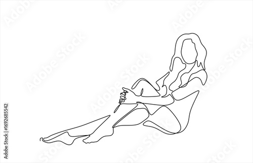 Continuous one line drawing of a woman sitting pose illustration minimalist art female figure sketch simple design style. Hand drawn one line vector. Editable stroke